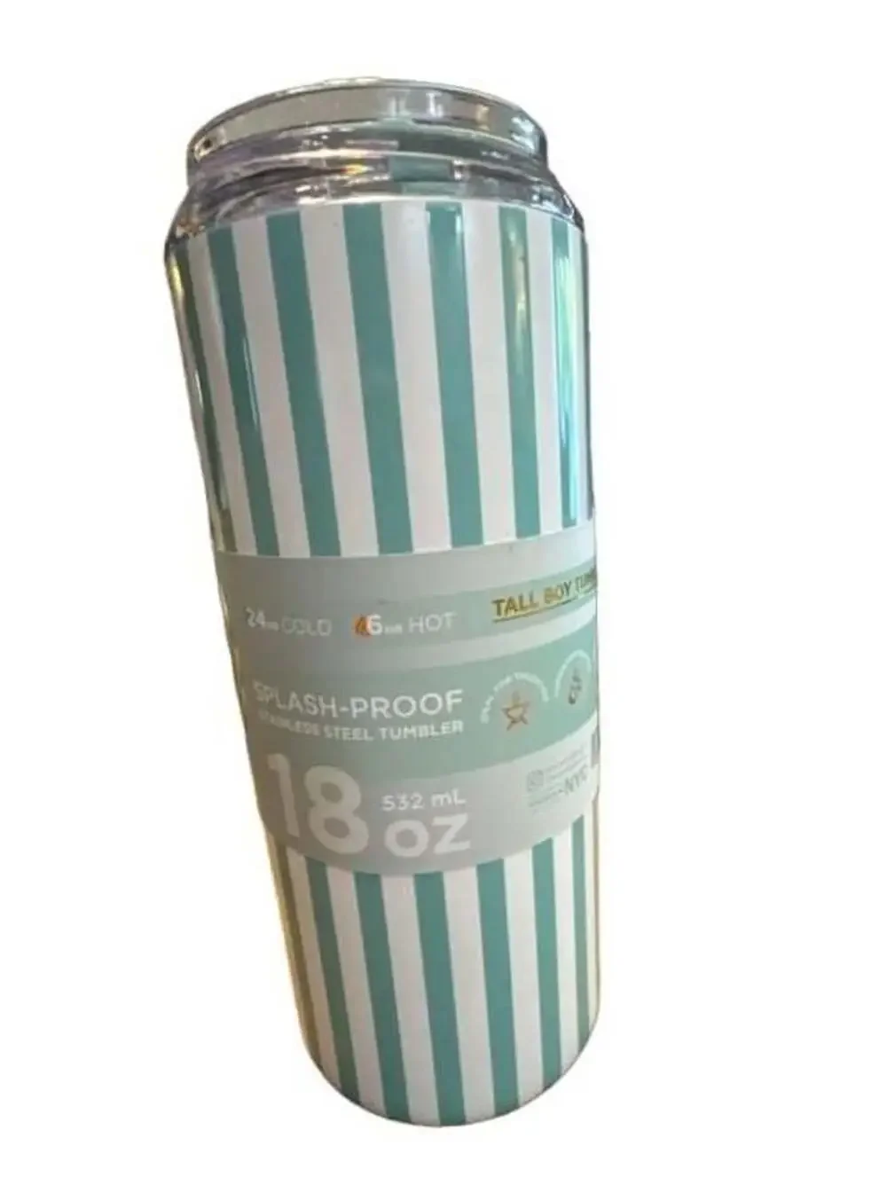 Tall Boy Tumbler Size 18 Oz Mint Green White Stripe Stainless Steel